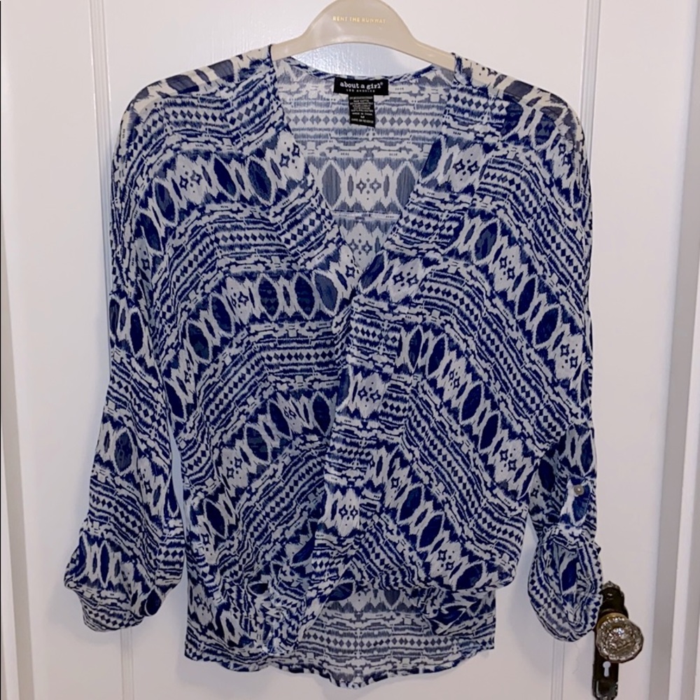 Blue tribal-pattern wrap blouse